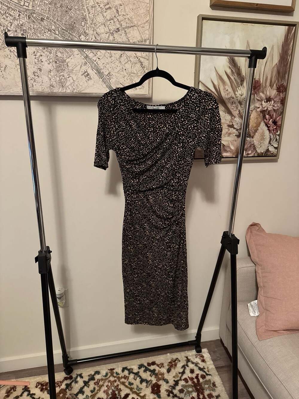 Boden Rita Ruched Sheath Dress in Black and Pink Polka Dot Speckle